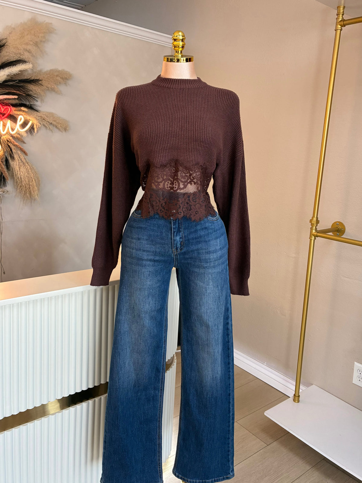 Brown lace knitted sweater