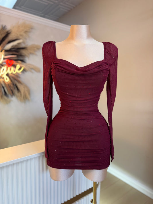 Luxe rhinestone long sleeve mesh dress