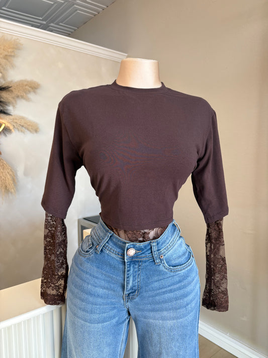 Brown lace contrast shirt