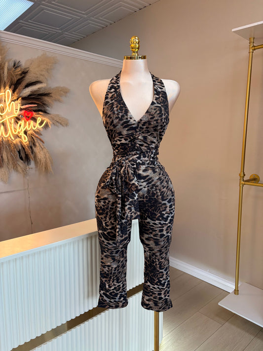 Animal print mesh jumpsuit