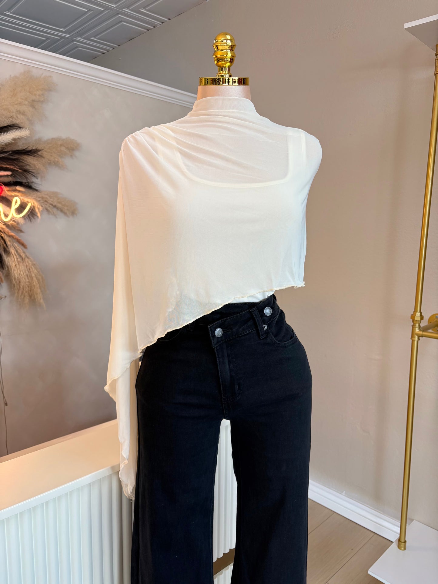 Sheer draped mock neck bodysuit