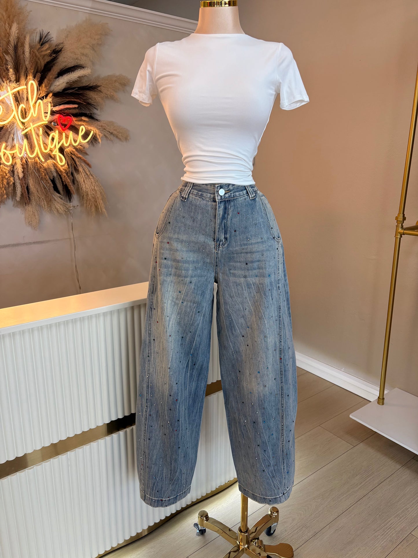 Rhinestone barrel jeans