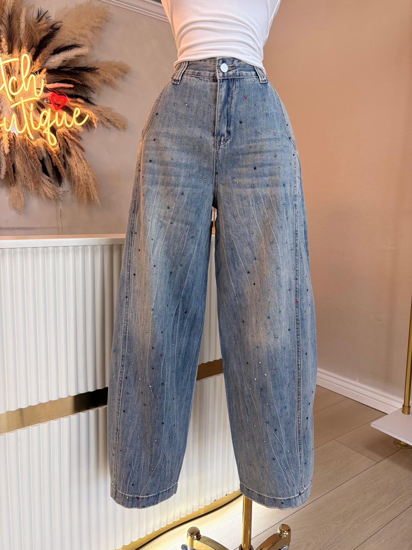 Rhinestone barrel jeans