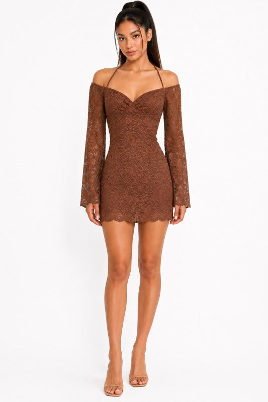 Off shoulder lace halter dress