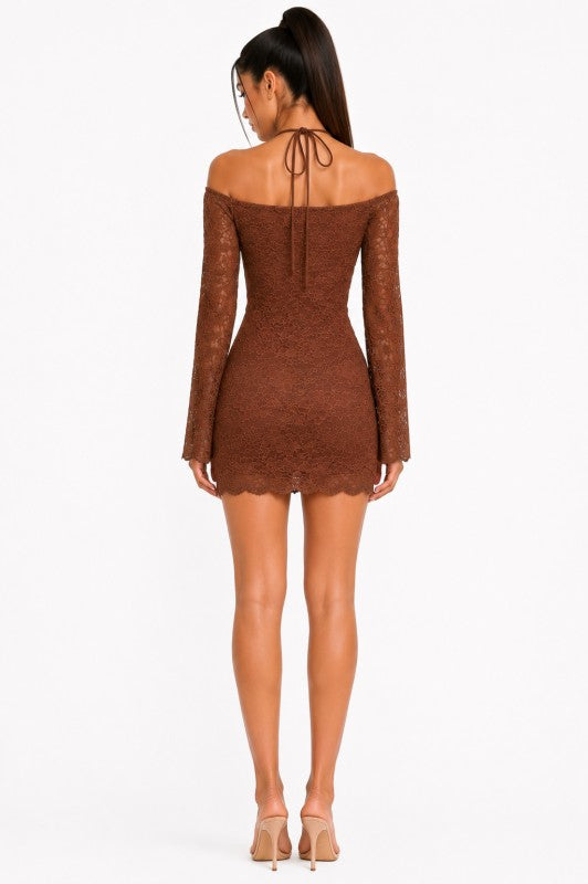 Off shoulder lace halter dress