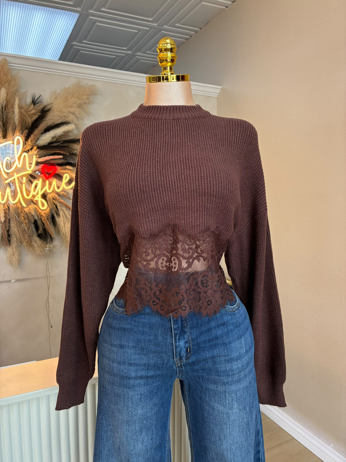 Brown lace knitted sweater